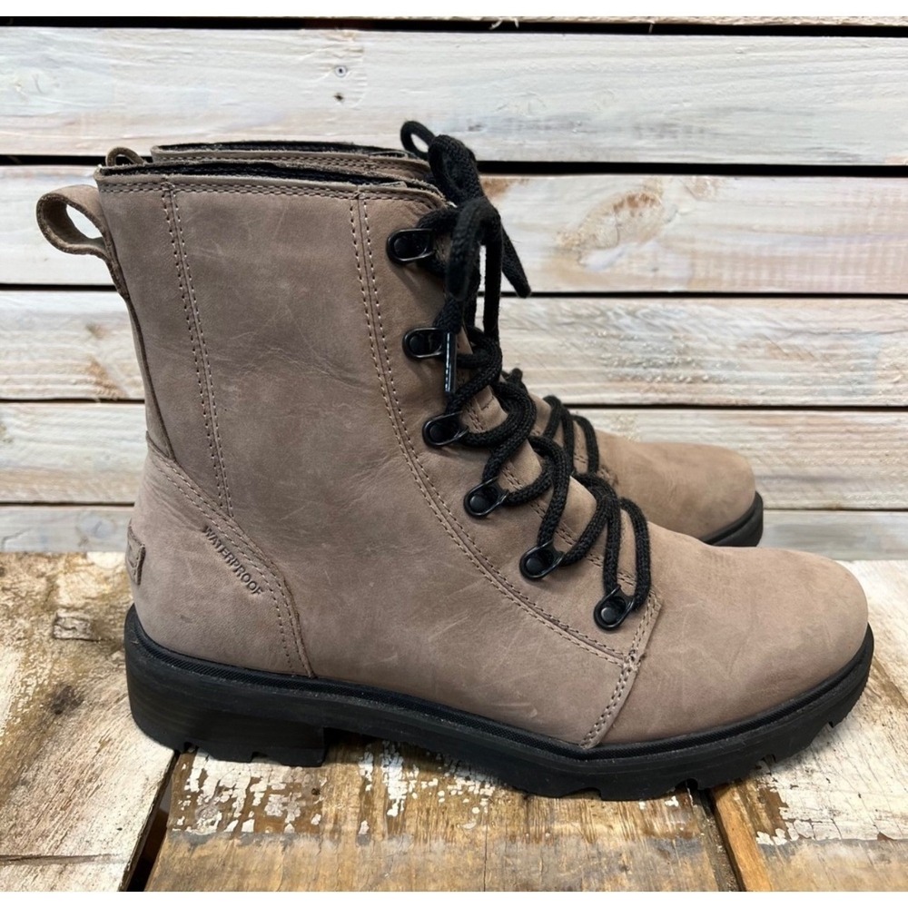 Sorel Lennox Waterproof Leather Combat Ankle Boots Lug Sole Taupe Womens 10.5
